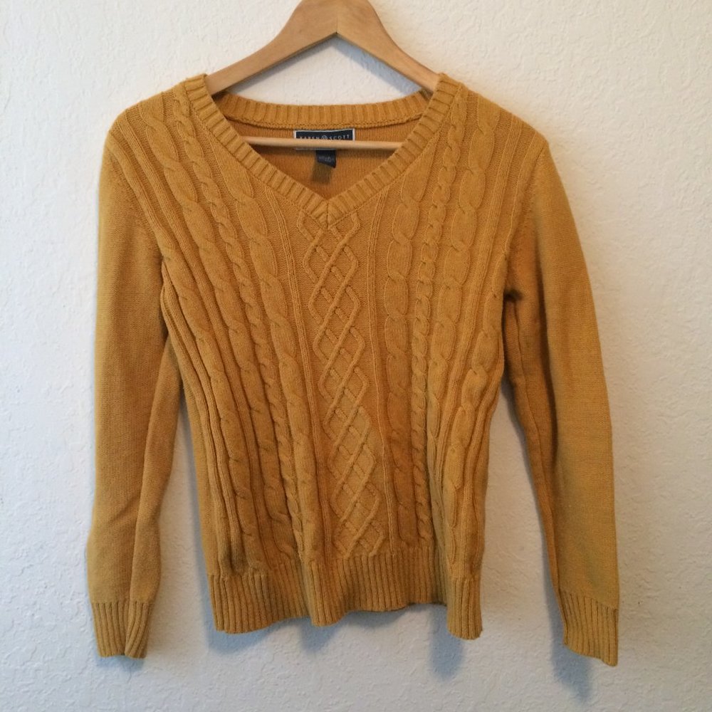 Karen Scott Sweater Mustard V Neck Knit Long Sleeve D1107